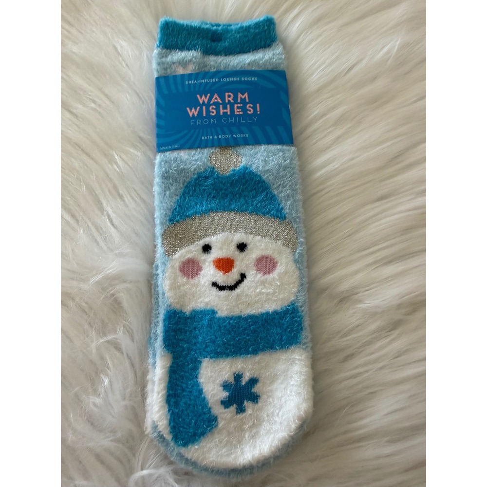 Bath & Body Works Snowman Shea Infused Lounge Socks Blue White Non-Skid New